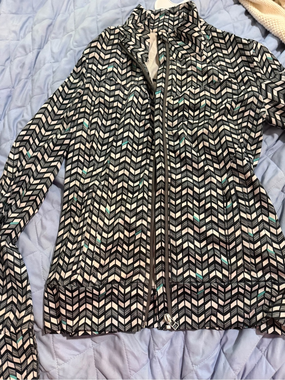 ALO Yoga Black & White Geometric Zip Bomber Jacket with Aqua Accents